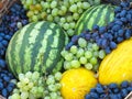 Fruit basket with melon, watermelon grapes,on straw Royalty Free Stock Photo