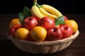 A fruit basket showcasing a diverse quartet of banana, peach, apple, and orange