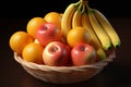 A fruit basket showcasing a diverse quartet of banana, peach, apple, and orange