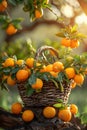 A fruit basket with Valencia oranges hangs from a tree branch