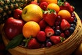 Fruit basket. Variety of a freashly harvested fruit. Ai generative Royalty Free Stock Photo