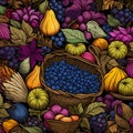 Fruit baskets of grapes, pears, pumpkins as abstract background, wallpaper, banner, texture design with pattern - vector. Dark