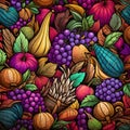 Fruit baskets of grapes, pears, pumpkins as abstract background, wallpaper, banner, texture design with pattern - vector. Dark