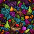 Fruit baskets of grapes, pears, pumpkins as abstract background, wallpaper, banner, texture design with pattern - vector. Dark