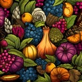 Fruit baskets of grapes, pears, pumpkins as abstract background, wallpaper, banner, texture design with pattern - vector. Dark