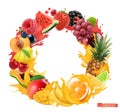 Fruit and berries circle frame. Splash of juice. 3d vector realistic objects. Watermelon, banana, pineapple, strawberry, orange,