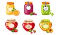 Fruit and Berries Jam Jar Glasses Set, Strawberry, Apricot, Raspberry, Orange, Cherry, Gooseberry Vector Illustration Royalty Free Stock Photo