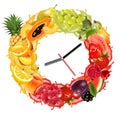 Fruit and berries in juice splash frame with a clock. Royalty Free Stock Photo