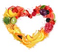 Fruit and berries in juice splash frame the shape of a heart. Royalty Free Stock Photo