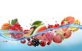 Fruit and berries in juice splash frame. Royalty Free Stock Photo