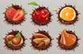 Fruit, berries and nuts. Chocolate splash 3d vector icon set Royalty Free Stock Photo