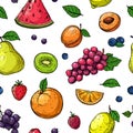 Fruit and berries seamless pattern. Orange and grapes, kiwi pear, watermelon and strawberry, raspberry peach fruit Royalty Free Stock Photo