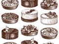 Fruit and berry cakes seamless pattern. Hand drawn baking cakes and pies backdrop. Homemade fruit dessert recipe drawing. Vector