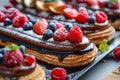 Fruit and Berry Eclair Cakes, Delicious Fruits Milk Dessert, Chocolate Mirror Glazed Eclairs Royalty Free Stock Photo