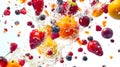 A fruit and berry explosion in the air, accompanied by splashes of water on a white background. These are strawberries, Royalty Free Stock Photo