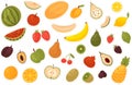 Fruit and berry, food stickers set, slices and whole apple lemon orange banana strawberry