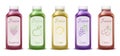 Fruit and berry juice bottles vector illustration of 3D plastic bottles models for fresh drinks packaging design