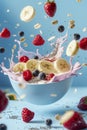 Floating oatmeal with blueberries, cinnamon, almonds and honey in a bowl on a beige background. Healthy breakfast