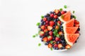 fruit and berry platter over white. blueberry, strawberry, raspberry, blackberry, watermelon Royalty Free Stock Photo