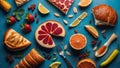 Fruit and berry sandwiches on a blue background, top view. generative ai