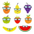 Fruit and berry set eyeglasses sunglasses. Cartoon character face. Banana, strawberry, orange, pineapple, grape, mellon