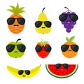 Fruit and berry set sunglasses eyeglasses. Cartoon character face. Banana, strawberry, orange, pineapple, grape, mellon
