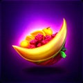 Fruit and berry in the shape of a banana on a purple background Generative AI