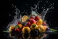 Fruit and berry splash in water on a black background. ai generative