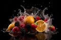 Fruit and berry splash in water on a black background. ai generative