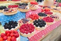 Fruit and berry tarts dessert tray assorted outdoors Royalty Free Stock Photo