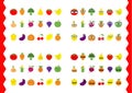 Fruit berry vegetable face icon set. Moustaches, eyeglasses, sunglasses. Strawberry banana, pineapple, grape, apple, cherry, lemon