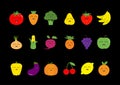 Fruit berry vegetable face icon set. Strawberry, pear, banana, pineapple, grape, apple, cherry, lemon, orange. Pepper, tomato, car