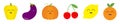 Fruit berry vegetable smiling face icon set line. Pepper, eggplant, pumpkin cherry, lemon, orange. Cute cartoon kawaii character.