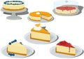 Fruit and berry whole cheesecakes and pieces on plates vector illustration