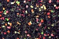 fruit black tea with flowers. background of dry tea top view closeup Royalty Free Stock Photo