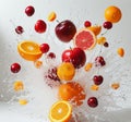 Fruit blast with water splash on white background Royalty Free Stock Photo