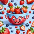 Fruit bowl fresh strawberry blueberry berry smiling face seamless background