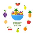 Fruit bowl. Natural food concept. Fruit salad in blue bowl isolated on white background. Cooking ingredients. Vegan menu