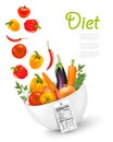 Fruit in a bowl with a nutritional label..Concept of diet. Vector illustration