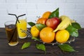Fruit bowl with fruit and two glasses of juice Royalty Free Stock Photo