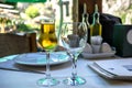 Fruit brandy or schnapps in a frosty glass on a restaurant table