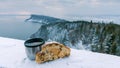 Fruit bread and tea with winter landscape background Royalty Free Stock Photo