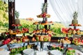 Fruit buffet for a wedding. Assortment of exotic fruits on the background of vineyards in the restaurant. Decoration of fresh