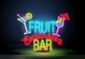 Fruit cafe or cafe neon sign. Colorful text and slice of watermelon on brick wall background. Night bright advertisement