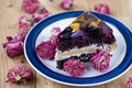 Fruit cake with chocolate meringue white cream in a plate Royalty Free Stock Photo