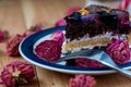 Fruit cake with chocolate meringue white cream in a plate Royalty Free Stock Photo