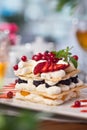 Fruit cake with cream, food photography.