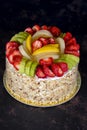 Fruit cake on dark background. celebration cake. Close up Royalty Free Stock Photo