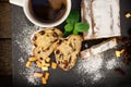 Fruit cake - fruit cake and cup of coffee on rustic table Royalty Free Stock Photo