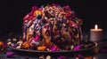 fruit cake with nuts and berries and sweet syrup in dark generative ai